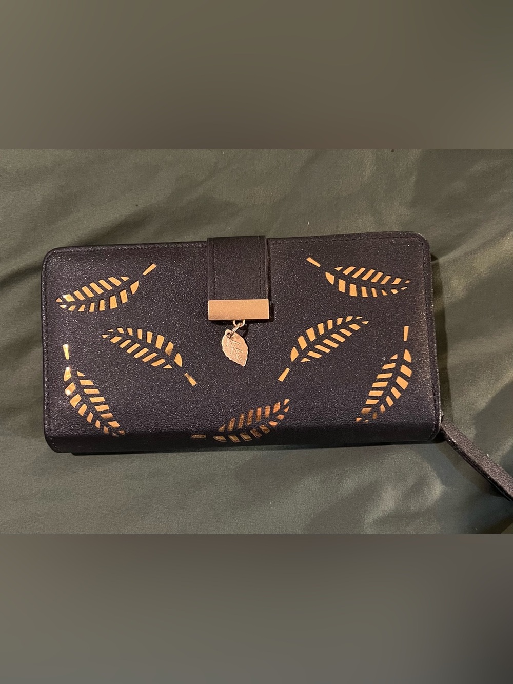 Black Leaf-Pattern Wallet with Gold Accents